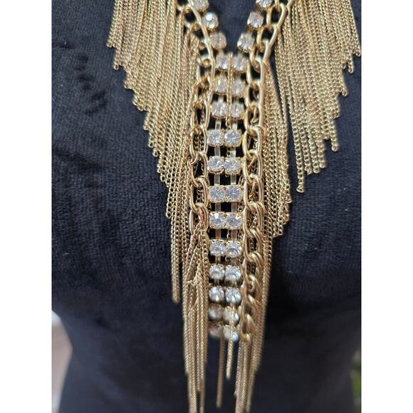 Women's Gold Fringe Statement Necklace With Rhinestones Lobster Clasp - Picture 2 of 4